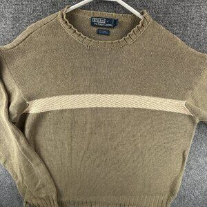 Polo Ralph Lauren Linen Cotton Knit Sweater Green Beige Striped Crew Pullover